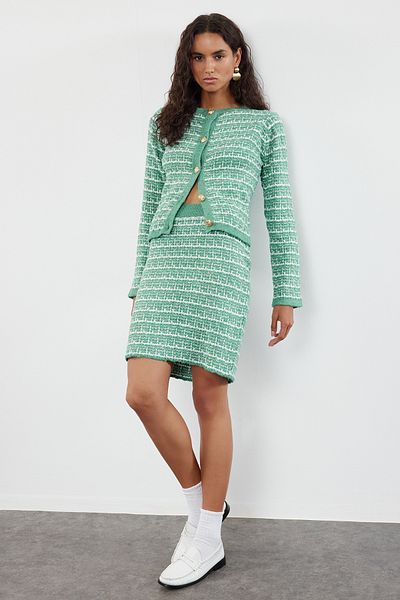 Trendyol Collection Puha textúrájú menta kötöttáru kardigán és szoknya szett - kötött részletekkel TWOAW24AU00001