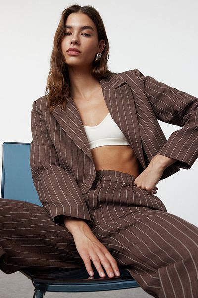 Trendyol Collection Brown Striped Regular Crop Blazer Jacket - TWOSS23BC00029