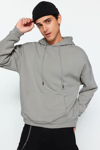 Trendyol Collection Prémiová šedá oversize mikina s kapucí – fleece/teplá TMNAW24SW00186