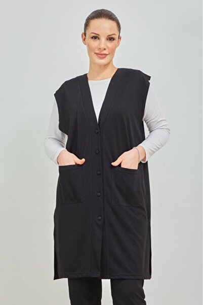 Stilmony Women's Black Long Pocket Buttoned Large Size Combed Cotton Vest