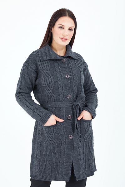 Stilmony Women's Smoked Buttoned Pocket Belted Knitwear Wool Long Cardigan