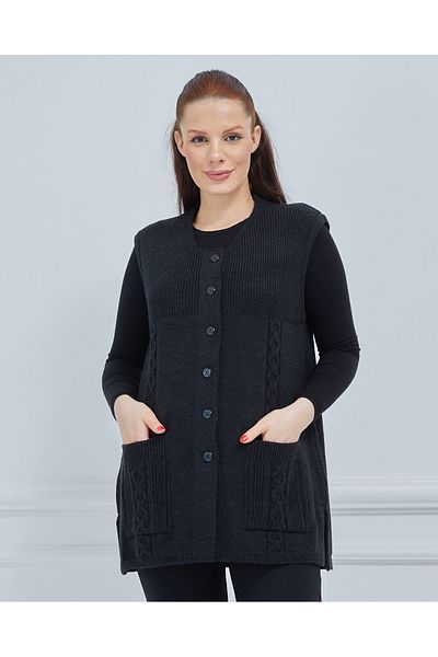 Stilmony Women's Black Crew Neck Buttoned Winter Wool Knitwear Vest with Pockets