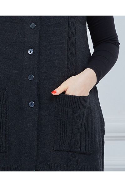 Stilmony Women's Black Crew Neck Buttoned Winter Wool Knitwear Vest with Pockets