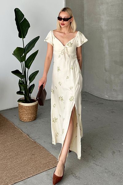 VAGGON Oil Green Midi Linen Dress - Slit and Gippel Detailed Prm0898