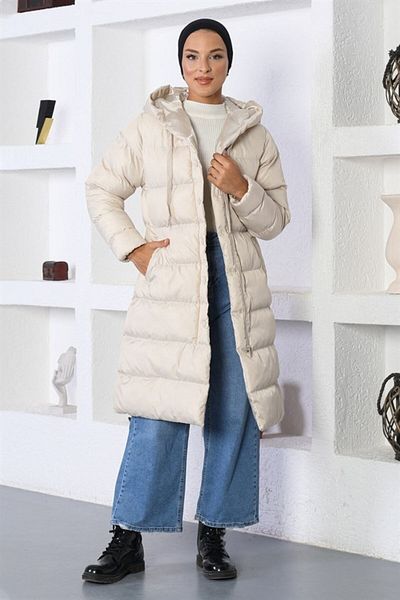 ModaMerve Beige Hooded Puffer Jacket - Mi̇h10361
