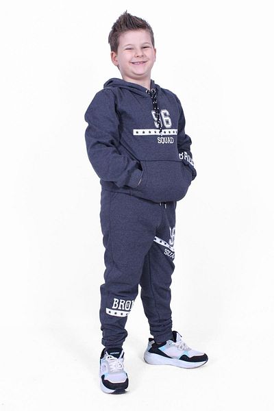 PANİO KİDS 96 Text Printed Kangaroo Pocket Hooded Boy's Bottom-Top Tracksuit Set