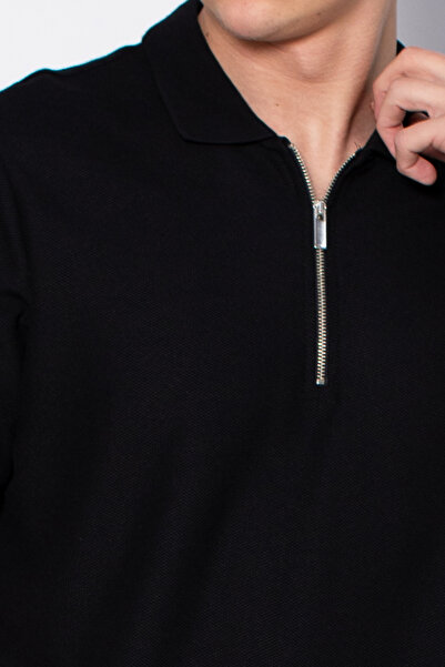 BARRELS AND OIL Zippered Polo Neck T-Shirt - Black