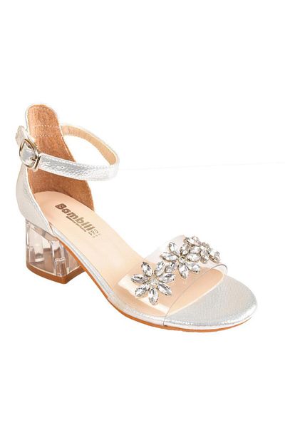 ellaboni Young Girl's Ankle Strap Mother of Pearl Transparent Stone Detailed Heeled Evening Dress Shoes