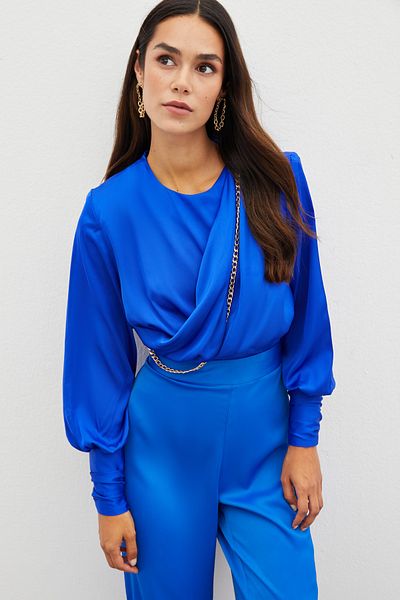Sateen Front Chain Satin Blouse - Sax Blue