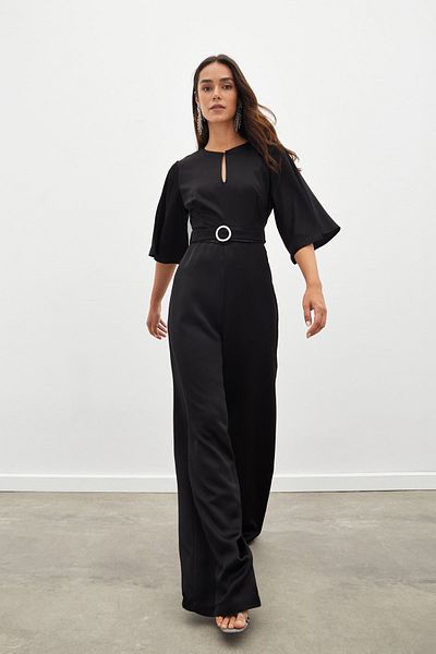 Sateen Salopetă Creponată Curea - NEGRĂ