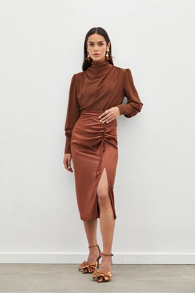Sateen Satin Skirt - Brown, Drawstring Detail
