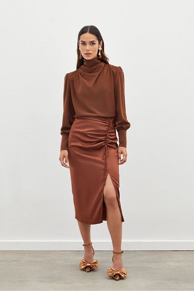 Sateen Satin Skirt - Brown, Drawstring Detail