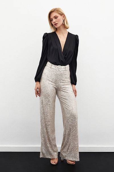Sateen Light Beige Belted Sequin Trousers