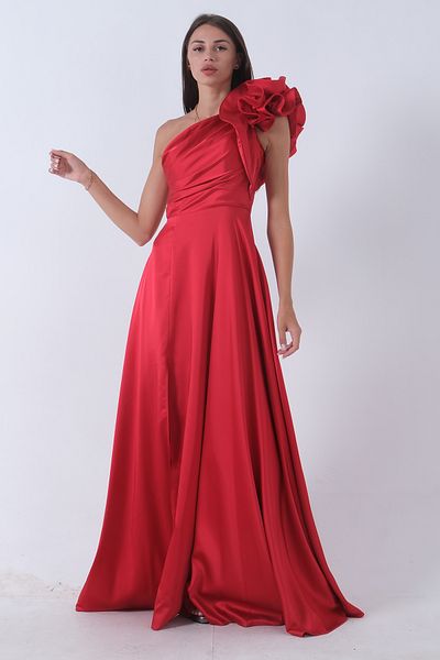 Feminist Red Satin Evening Dress - Shoulder Bow, Dress 1302192