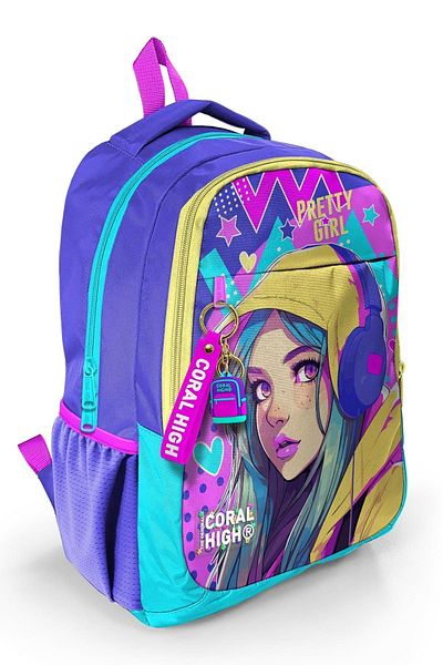 Coral High Rucsac școlar cu 3 compartimente, cu model lavandă, turcoaz - 23661
