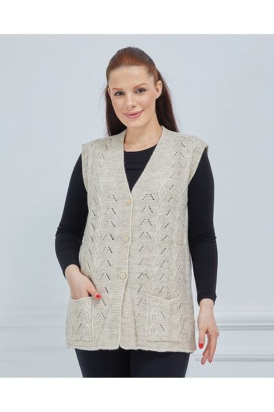 Stilmony Women's Cream Chain Knitted Pocket V-Neck Wool Mother Knitwear Vest