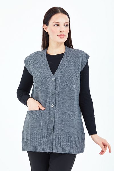 Stilmony Women's Gray Buttoned Wool Mother Vest with Pockets