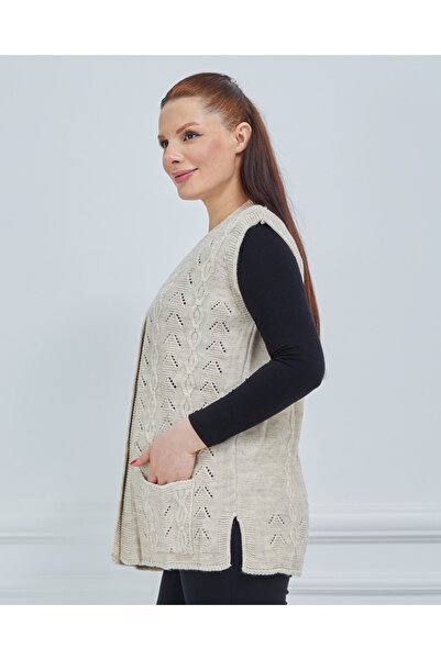 Stilmony Women's Cream Chain Knitted Pocket V-Neck Wool Mother Knitwear Vest