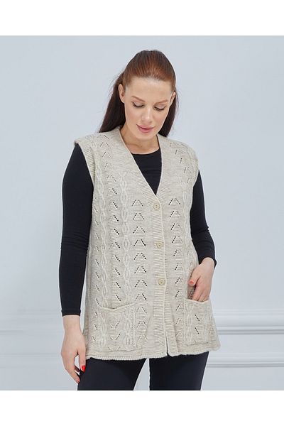 Stilmony Women's Cream Chain Knitted Pocket V-Neck Wool Mother Knitwear Vest