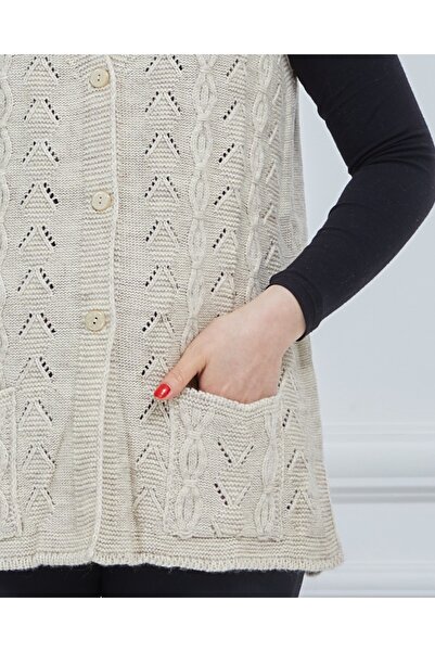 Stilmony Women's Cream Chain Knitted Pocket V-Neck Wool Mother Knitwear Vest