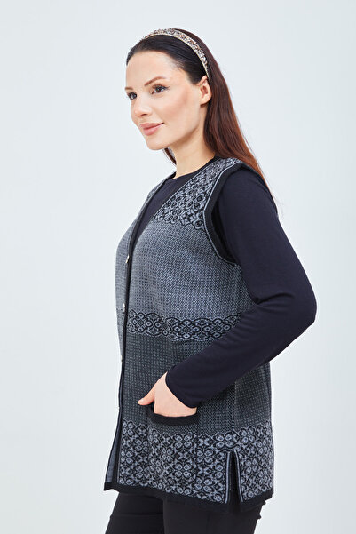 Stilmony Women's Black Patterned Buttoned Pocket Knitwear Vest