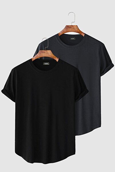 ADEGO 2'li Erkek Siyah-Antrasit Kolları Katlı Oval Kesim Cepsiz Bisiklet Yaka T-shirt