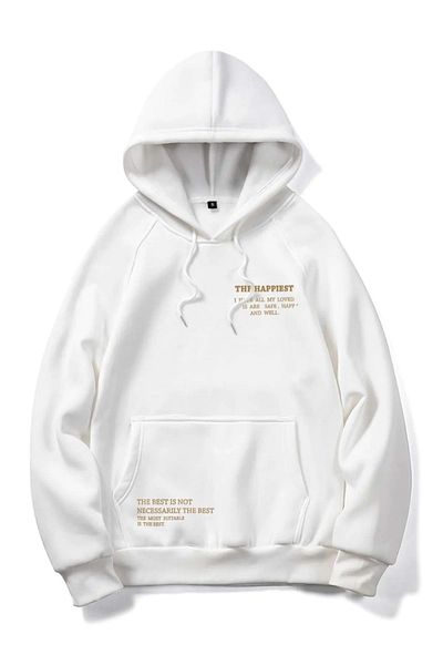 NO 601 Unisex White Happiest Hooded Sweatshirt