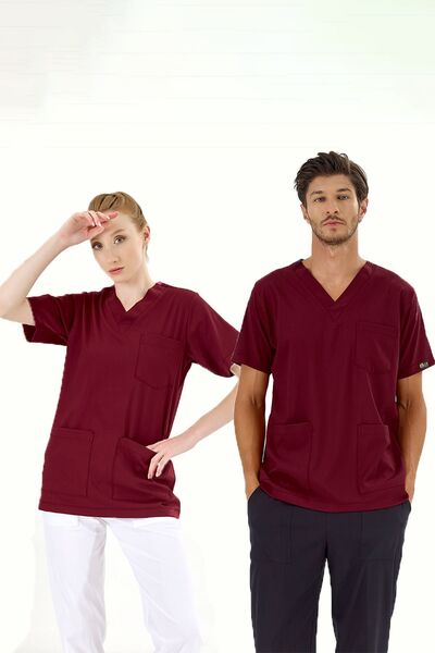 ÇİZGİ MEDİKAL Bordo Likralı Tek Üst Unisex Kalıp Hemşire Forması Doktor Önlüğ...