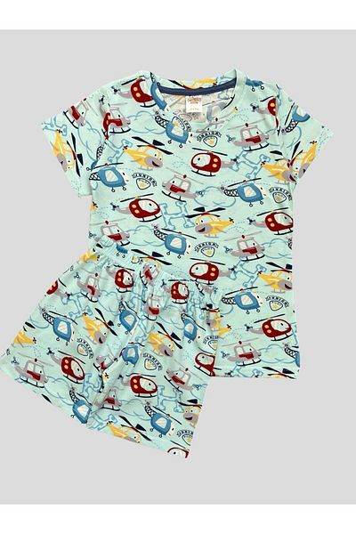elmas kids Set de pijamale de vară pentru băiat, 100% bumbac, cu model de elicopter, cu mâneci scurte, albastru