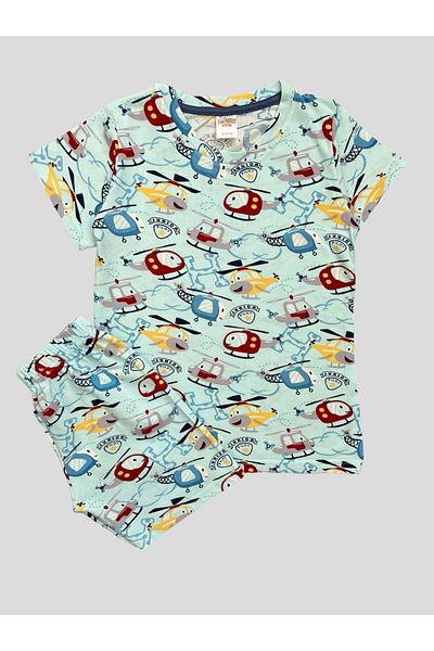elmas kids Set de pijamale de vară pentru băiat, 100% bumbac, cu model de elicopter, cu mâneci scurte, albastru