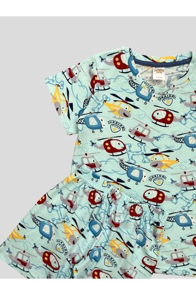 elmas kids Set de pijamale de vară pentru băiat, 100% bumbac, cu model de elicopter, cu mâneci scurte, albastru