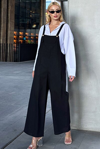 VAGGON Black Gabardine Jumpsuit - Pocket and Straps, Prm1005