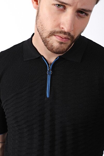 Ferraro Black Polo Collar Zippered 100% Cotton Men's Knitwear T-shirt