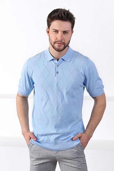 Ferraro Men's Knitwear T-Shirt - Ice Blue Polo Collar, Baklava Pattern, 100% Cotton