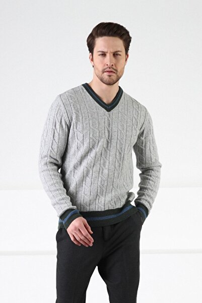 Ferraro A.gri/haki V Yaka %100 Kuzu Yünü Erkek Kazak