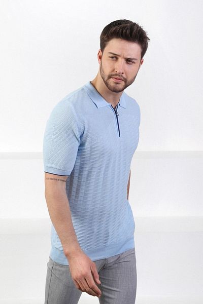 Ferraro Tricou pentru bărbați, 100% bumbac, cu fermoar, cu guler polo albastru