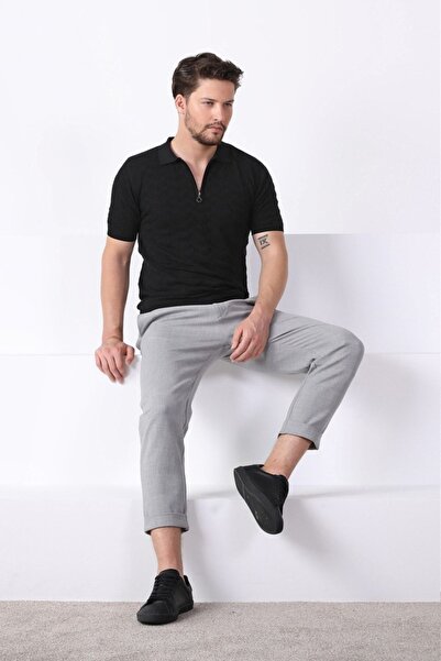 Ferraro Black Polo Collar Zippered 100% Cotton Men's Knitwear T-shirt