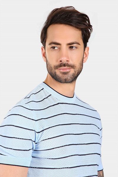 Ferraro Tricou pentru bărbați, cu dungi, cu gât perforat, 100% bumbac, tricotaj - albastru bleumarin