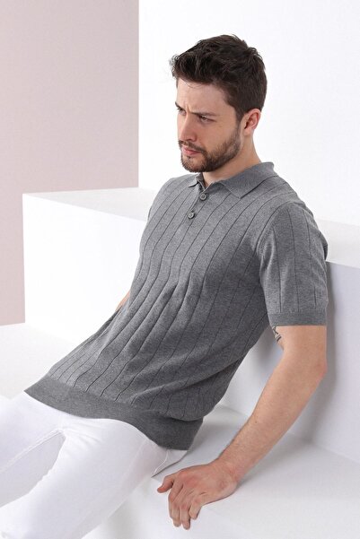 Ferraro Ανδρικό πλεκτό μπλουζάκι γκρι γιακά πόλο με ραβδώσεις 100% βαμβάκι