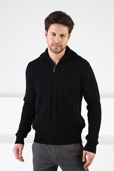Ferraro Pulover pentru bărbați cu guler negru cu fermoar, 100% lână de miel