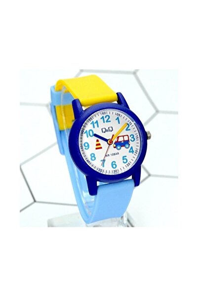 Q&Q Yellow Navy Blue Traffic Pattern Waterproof Children's Wristwatch