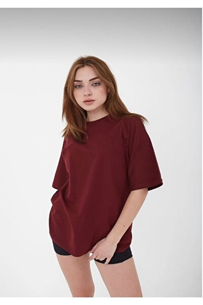 JAKARLI Unisex Bordo Bisiklet Yaka Pamuk Oversize Boyfriend T-shirt