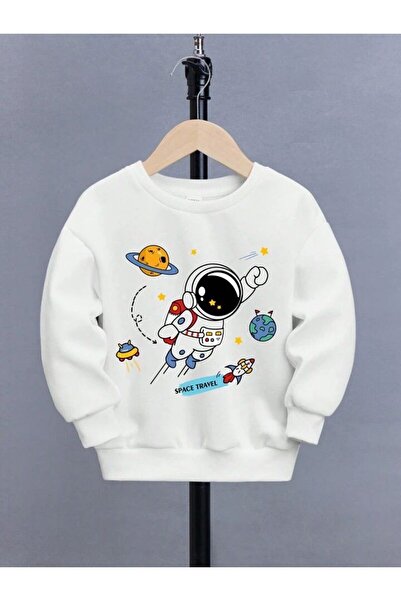 NoVibe Çocuk Beyaz Astronot Uzay Gezegen Baskılı Oversize Kışlık Bisiklet Yak...