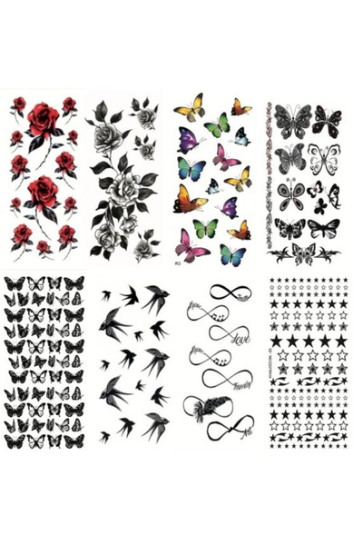 Kağıtay Geçici Dövme Seti - Gül Kelebek Dövme Seti - 8 'li Set
