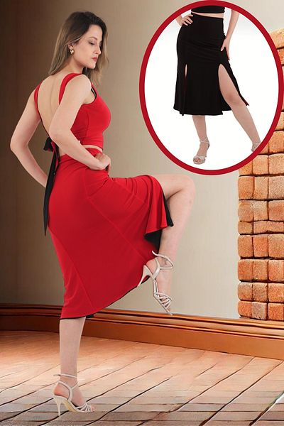 Due Stelle Red and Black Reversible Skirt - Two Slits on the Front