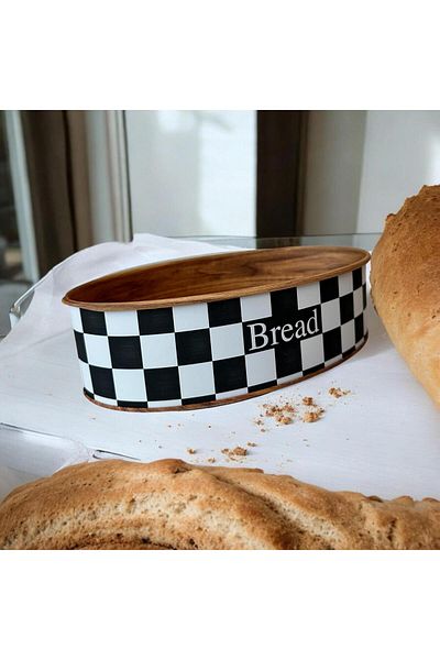 UCR HOME Checkerboard Patterned Wooden Look Metal Round Bread Bowl and Box