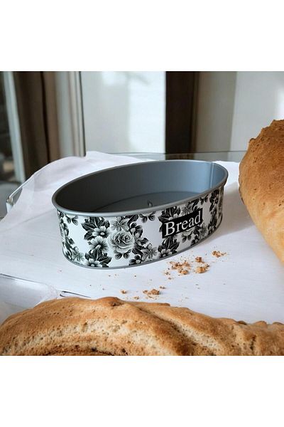 UCR HOME Wooden Look Metal Floral Patterned Round Bread Bowl and Bread Box