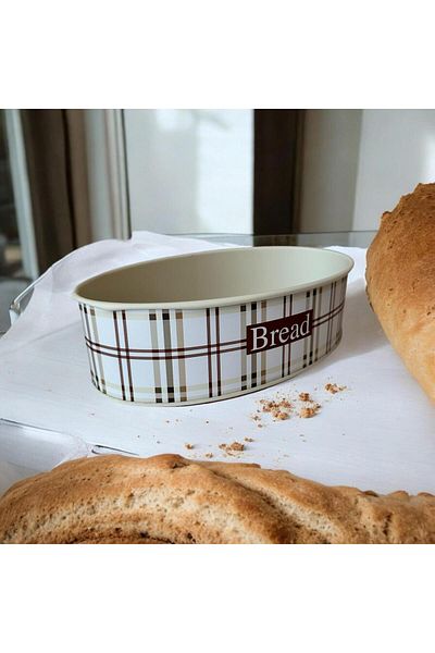 UCR HOME Beige Striped Metal Round Bread and Bread Box - Oval Wooden Look