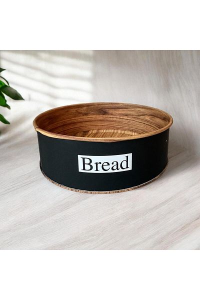 UCR HOME 20 cm Width Black Metal Round Bread Bowl - Wood Look Bread Box
