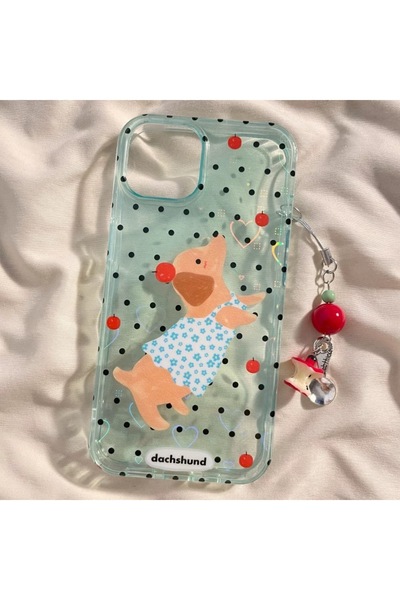 EDELFU iPhone 13/14 Şeffaf Corgi Desenli Elmalı ve Kaşıklı Simli Kalp Hologra...